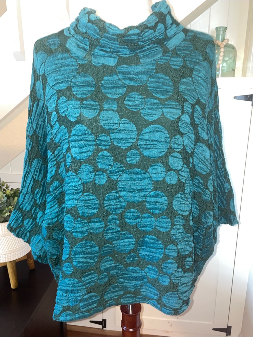 Grizas Teal Blue Linen Silk Polka Dot Cowl Neck Crinkle Poncho Blouse Top XL